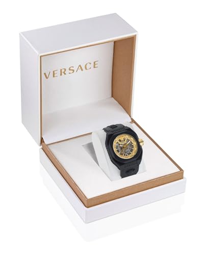 Versace V-Legend Skeleton Collection Luxury Mens Watch Timepieces with a Black Strap and Case Featuring a Gold Dial4