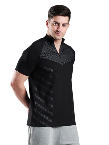 Image of GROW Stylish Aeroflex Zip T Shirt for Men Workout | Cotton and Spandex Quarter Zip Back Printed Collar T-Shirts for Men Half Sleeves