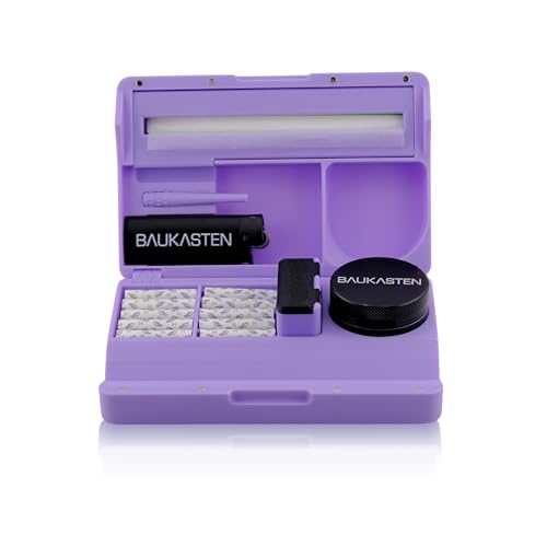 Baukasten Mini mit Zubehör & Grinder - Organisierte & mobile Bau-Box mit Rolling Tray für bestes Bauen überall sicheren Transport sowie diskrete Aufbewahrung von allen Smoking Utensilien (Lavendel)