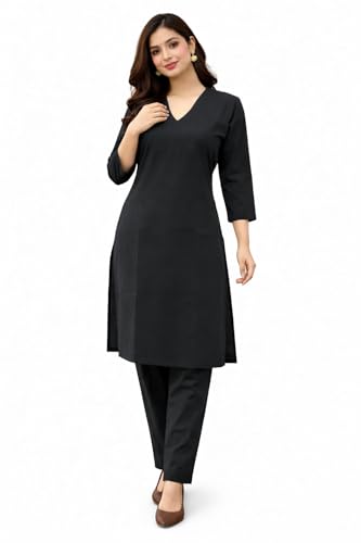 Image of JAIPUR HAND BLOCK Women's Cotton plain Straight Salwar Suit | V-Neck | 3 /4th Sleeve | Regular Fit | Daily, Office & Ethnic Wear(ST00125-V-NEW)