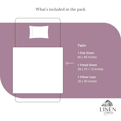 Image of Linen Home 100% Cotton Percale Sheets Twin Size, Damson Berry, Deep Pocket, 3 Pieces Set - 1 Flat, 1 Deep Pocket Fitted Sheet and 1 Pillowcase, Crisp Cool and Strong Bed Linen