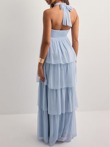 Image of Women Y2k Backless Long Dress Halter Tie Neck Maxi Dress Flowy Beach Sundress Summer Streetwear