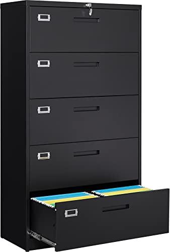 Fesbos Lateral File Cabinet with Lock - 5 Drawers Metal Steel Filling Cabinets for Home Office - Lockable Storage Cabinet for Hanging Files Letter/Legal/F4/A4 Size-Assembly Required