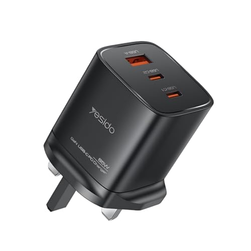 Yesido YC84 65W GaN Fast Charger Plug, Dual USB-C + USB-A Multi-Port Wall Adapter, PD Quick Charging Power Supply for iPhone 17/16/15, MacBook, iPad, Samsung, Android Phones & USB-C Devices, UK 3 Pin Yesido YC84 65W GaN Fast Charger Plug, Dual USB-C + USB-A Multi-Port Wall Adapter, PD Quick Charging Power Supply for iPhone 17/16/15, MacBook, iPad, Samsung, Android Phones & USB-C Devices, UK 3 Pin