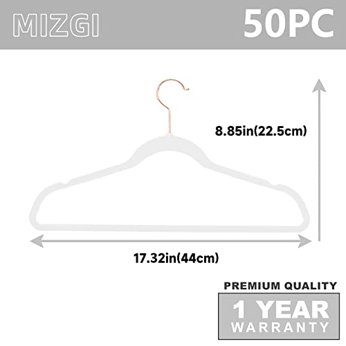 Mizgi Premium Velvet Hangers (50 Pack) Heavy Duty - Non Slip Felt Hangers - White - Rose Gold Swivel Hooks,Space Saving Clothes Hangers,Durable Strong Hangers For Suits,Coats,Dress #TOP5