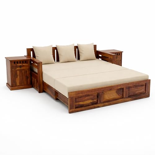 Image of SONA ART & CRAFTS Regal Sheesham Wood 3 Seater Sofa Cum Bed with Bedside | Wooden 3 Seater Sofa for Living Room Wooden Furniture Sofa Bed for Home (Natural Finish)
