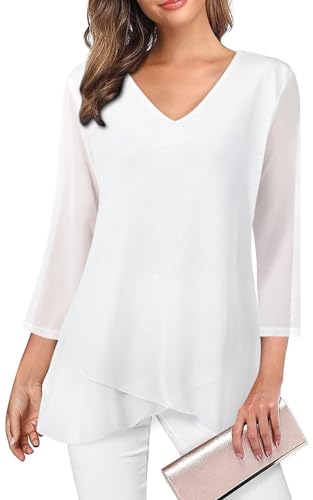 Adigaber Camisas para Mujer Elegante Manga 3/4 y Cuello en V Blusa Suelta Sólidos Estampadas Casual Gasa Shirt