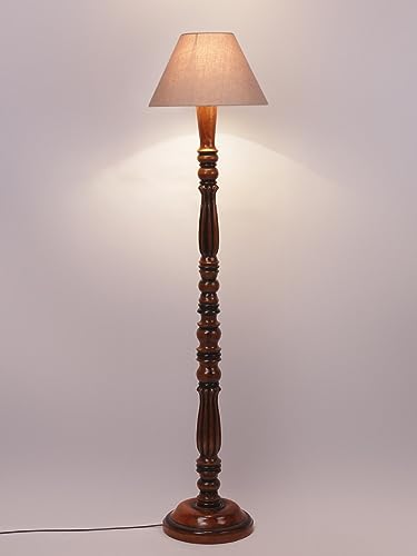 Image of Floor Lamp with Wooden Base - Height 55 inch, Grey | Modern Standing Lamp for Living Room, Bedroom & Office | Stylish & Elegant Home Lighting Decor | Tall Decorative Lamp