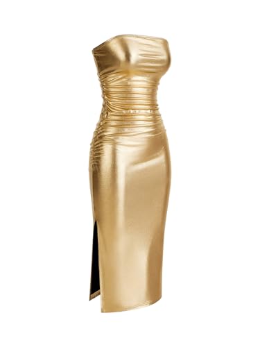 SOLY HUX Sexy Faux Leather Dress for Women Bodycon Strapless Party Club Midi Long Tube Dresses3
