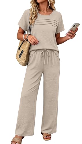 OFEEFAN Women's 2 Piece Outfits Linen Look Summer Loungewear Set Pleated Front Tops & Wide Leg Pants