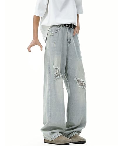 Men's Baggy Jeans High Waist Wide Leg Straight Casual Ripped Vintage Loose Fit Denim Pants with Pockets2