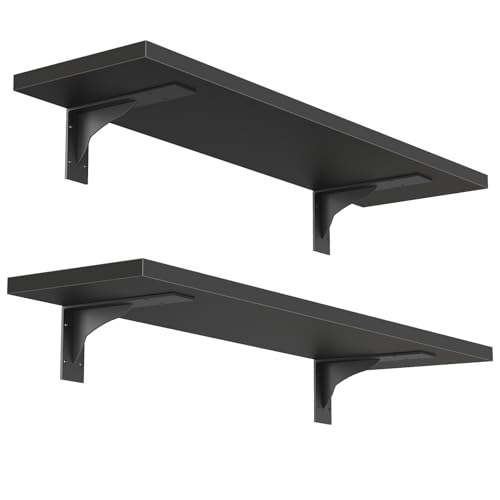 Image of HOOBRO Floating Shelves for Wall, 15.4 inch Wall Mounted Shelves Set of 2, Hanging Storage Shelf with Metal Brackets, Wooden Shelf for Living Room, Bedroom, Bathroom, Black BK42BJP201G1
