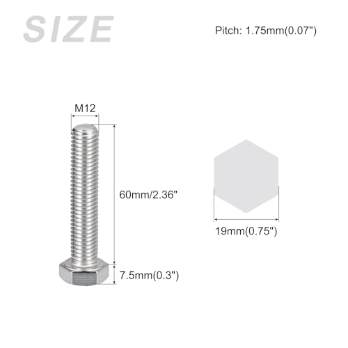 Image of METALLIXITY Hex Bolts (M12-1.75x60mm) 4Pcs, 304 Stainless Steel Coarse Fully Threaded Hex Head Screw Bolt Machine Screws - for Furniture Repair, Silver