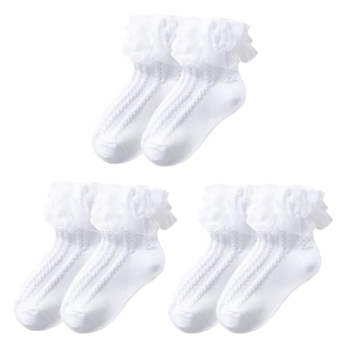 3 Pairs Girls Lace Ruffle Cotton Frilly Ankle Socks White Princess Dance Dress Socks