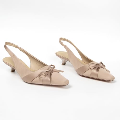 Women's Slingback Bow Heels Slip On Kitten Satin Pumps Closed Pointy Toe Dressy Pump Shoe for Women Wedding Party Small Heel Backless Shoes with Elastic Strap2