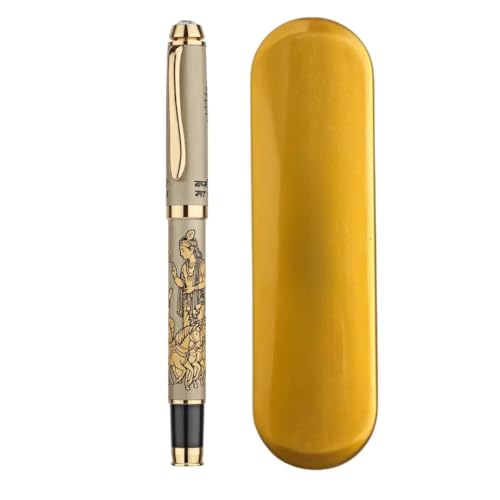 Image of Bhagavad Gita & Geeta Updesh Etched Pen | Lord Krishna Arjuna Engraved Metal Roller Ball Pen | Hindu Spiritual Gift, Corporate Gift & Return Gift