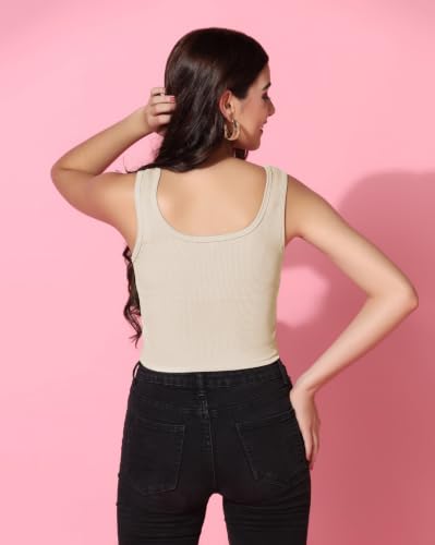 Image of TOPLOT Women's Solid Ribbed Round Neck Sleeveless Slim Fit Tank Top (5069)