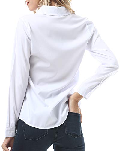 Gemolly Women's Basic Button Down Shirts Long Sleeve Plus Size Simple Cotton Stretch Formal Casual Shirt Blouse White M