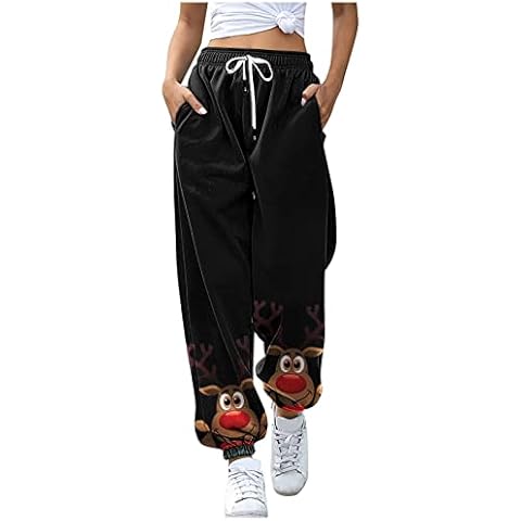 Tinarying Sweatpants for Women High Pockets Trousers Bottom Fit Jogger Pants Waist Lounge Athletic Sporty Print Women's Christmas Sweatpants Pants Cotton Jogging Pants for Women Black Cover