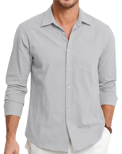 HISDERN Camicie in Lino e Cotone Uomo Manica Lunga