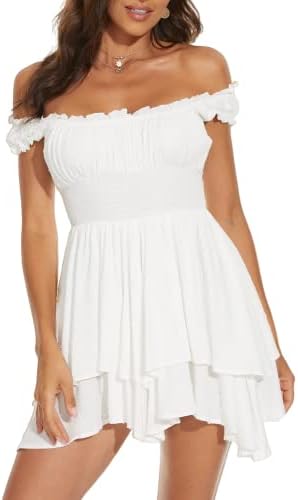 FOROLAV Flowy Rompers for Women on off shoulder Ruffle Jumpsuit Fit and Flare Playsuits with Elastic Waist (White, Small)