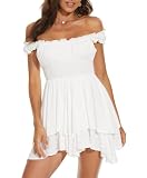 FOROLAV Flowy Rompers for Women on off shoulder Ruffle Jumpsuit Fit and Flare Playsuits with Elastic