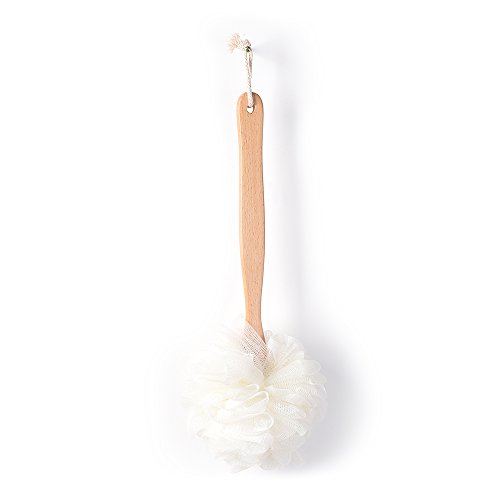 Bath Sponge & Brush Long Handled Loofah Back Scrubber Shower & Bath Exfoliating Pouf Scrubber on a Stick Body Back Brush with a Wood Handle Loofah Mesh for Men & Women By Krramel (WHITE)