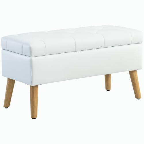 HOMCOM Banco con Espacio de Almacenamiento, Banco tapizado con Tapa, Banco de Cama con Aspecto Aterciopelado, para Pasillo Dormitorio salón, Madera de Caucho 80 x 35 x 40 cm Blanco