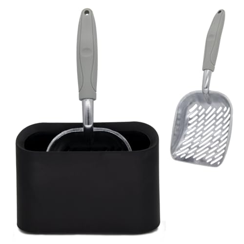 Vitisyao Metal Cat Litter Scoop with Holder, Aluminum Cats Litter Scooper Captures All Clumps, Heavy Duty Metal Kitty Scoopers with Holder, Cat Metal Scoop and Holder (Black)