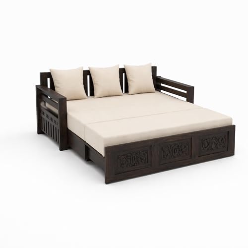 Image of SONA ART & CRAFTS Maharaja Sheesham Wood 3 Seater Sofa Cum Bed | Wooden 3 Seater Sofa for Living Room Wooden Furniture Sofa Bed for Home (Walnut Finish)