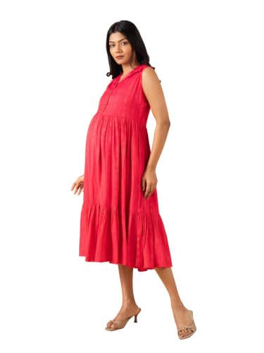 Image of The Mom Store Printed Maternity & Nursing Dress for Women | Cotton | Feeding Dress | Midi Dress | Pregnancy & Postpartum Wear | Stylish Causal Wear Dress for New Mom