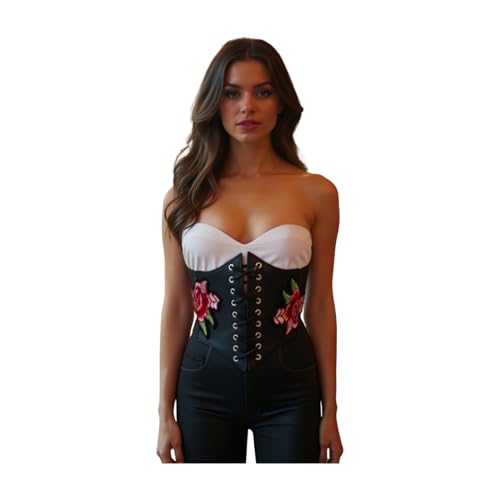 Women Black Fabric Wide Elastic Band Fashion Red Rose Flower Corset Belt High Waist Size S M3