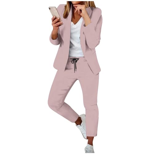 Generisch Hosenanzug Damen Elegant 2 Teilig Business Casual Anzüge Set Zweiteiler Einfarbig Lange AnzugBlazer Elastischer Bund Hose Festlich Hosenanzüge Slimfit Frauen Freizeitanzug Streetwear (L)