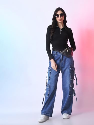 Image of Glossia Fashion Denim Blue Women Cargo Jeans | High Waist Stretchable Wide Leg Loose Fit Denim| Boyfriend Cargo Jeans for Women(WJ-1223)