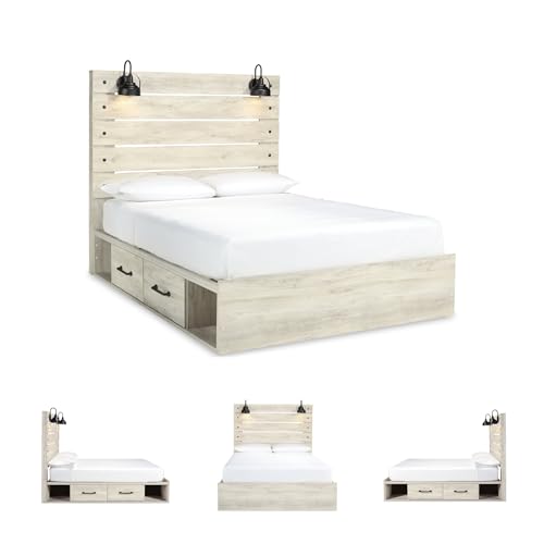 Image of Signature Design by Ashley Cambeck Queen Storage Bed Frame, Platform Bed with Drawers and No Box Spring Needed, Engineered Wood and Decorative Laminate for Master Bedrooms, Whitewash