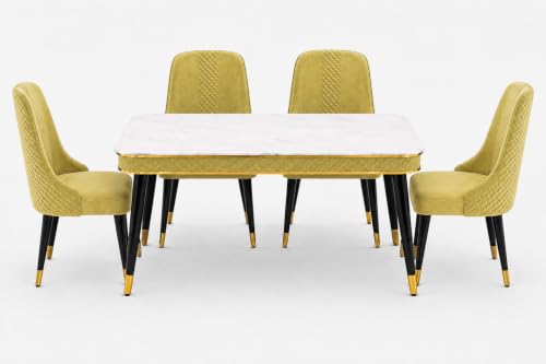 Image of WOODEN SPACE Majestic 4 Seater Wooden Dining Table Set | Urban Marble Top Dining Table with Chairs for Dining Room & Kitchen (Light Green Modern Vento) (54 x 36 x 30 inch)