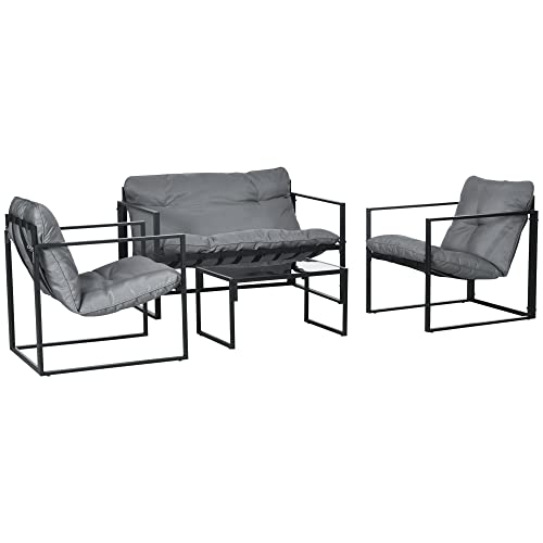 Outsunny - Mueble de jardín, 4 piezas, para 4 personas, sofá de 2 plazas, 2 sillones y 1 mesa baja, 3 cojines para terraza jardín, poliéster negro y gris acero