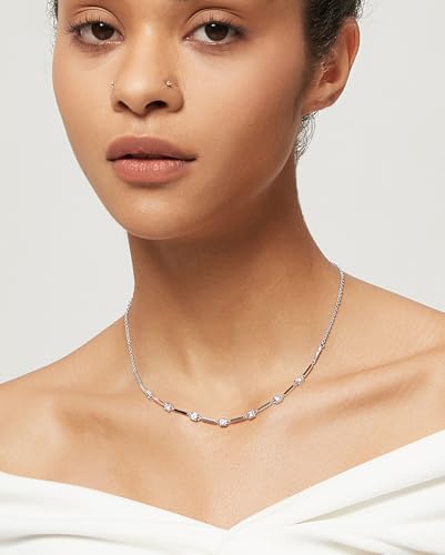 TIGRADE Silver Chain Necklace for Women Dainty Rectangular with Round CZ Pendant Anniversary Necklace Extenders Link with Lobster Clasp 16 Inch2