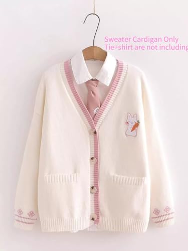 Pink Kawaii Preppy Bunny Cardigan Sweater for Girl Loose Embroidery Plaid Soft Cozy Sweater 10 12 14Gift3