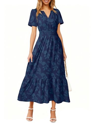 Image of Simplee Womens Summer Boho Maxi Dress Semi Formal Wedding Guest Short Sleeve V Neck Empire Waist Floral Long Dresses