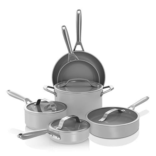 Ninja Ceramic Pro 10Piece Cookware Set, NonStick Pots & Pans Set with Glass Lids, Nontoxic, PTFE Free, Ceramic Coated, Stove to Oven Safe, All Stovetops & Induction Compatible, Neutral Gray, CW39010GY