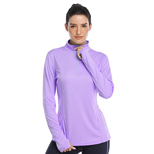 HISKYWIN Womens UPF 50+ Sun Protection Tops Long Sleeve Half-Zip Thumb Hole Outdoor Performance Workout Shirt HF806 Light Purple L