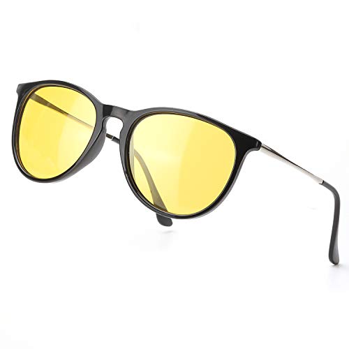 TJUTR Gafas Nocturna Polarizados, HD Gafas Amarilla Anti Reflectante Retro Redondas - Protección UVA UVB (Negro/Amarillo) Cover