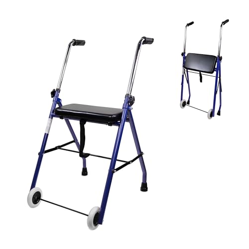 Mobiclinic®, Andador Plegable, Ajustable, Resistente, Emérita, Acero, Empuñaduras Ergonómicas, Ligero, con Asiento y 2 Ruedas, Azul