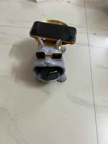 Image of Bulldog Resin Storage Tray | Decorative Dog Statue with Sunglasses | Multifunctional Remote, Key & Coin Holder for Home, Office, Entryway, or Living Room Decor (Grey)