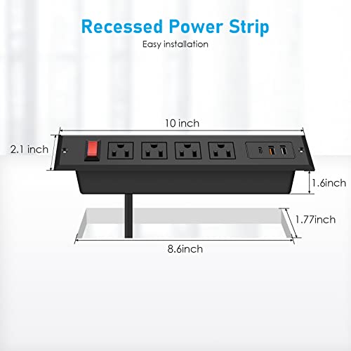 Type-C Recessed Power Socket, 20W Pd Fast Charging Usb-C Qc3.0 3A Usb-A Power Strip, Plug In 4 Outlets & 2 Usb-A Ports &1 Usb-C Port,Connect Flat Plug 9.85Ft Extension Cord With Switch #TOP1