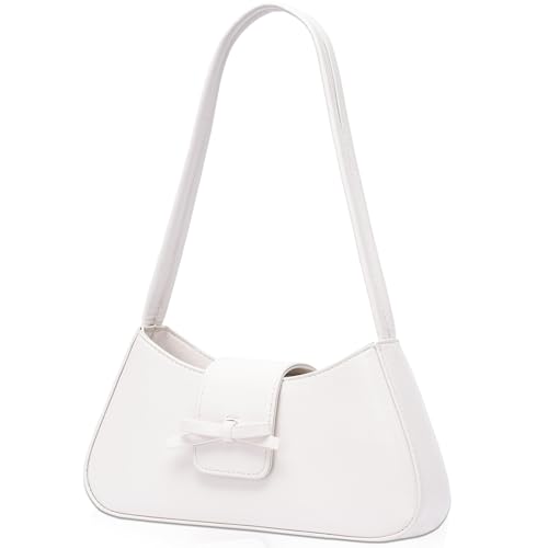 Larcenciel White Shoulder Bags for Women, Faux Leather Handbags for Women Crossbody with Bow & Zip Closure, Elegant Y2K Underarm Hobo Bag for Work, Holiday, Shopping, Dates, Wedding, Gift, 28×14×6CM