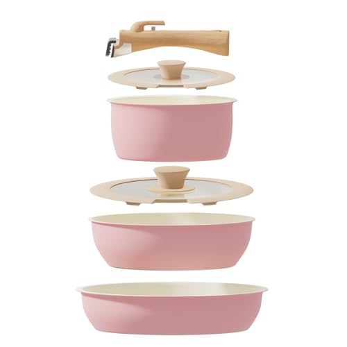 ShanSon 6 Pieces Kitchen Non-Stick Cookware Sets with Removable Handle, Stackable Pots and Pans Set Nonstick for Induction Gas RVs Camping Space Saving,Pink