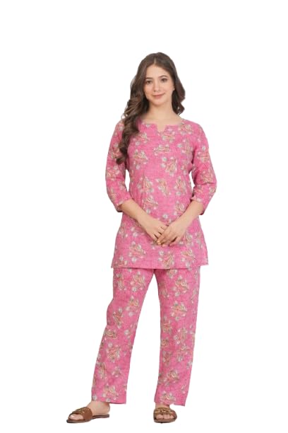 zarvisha Women Cotton Night Suit Set | Printed Night Dress Pajama with Top | Soft and Comfy Sleepwear for Girls | Loungewear for Ladies | Pink |-picture-51