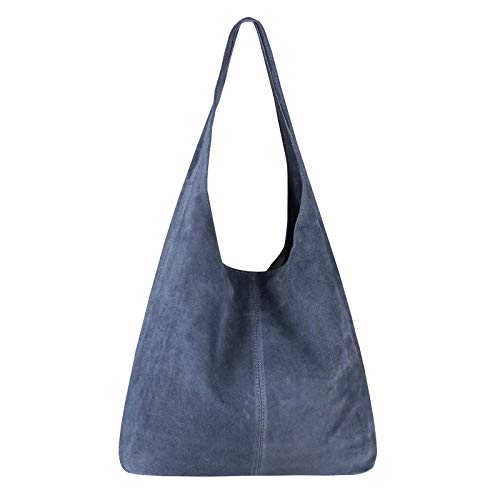 OBC Made IN Italy Damen Leder Tasche Shopper Schultertasche Hobo-Bag Henkeltasche Beuteltasche Handtasche Wildleder (Stahlblau (Wildleder))